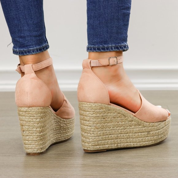 Blush Faux Suede Wedge Peep Toe Espadrille Sandal - Picture 8 of 8